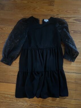 Women’s Black Tiered Dress with Sheer Puff Sleeves